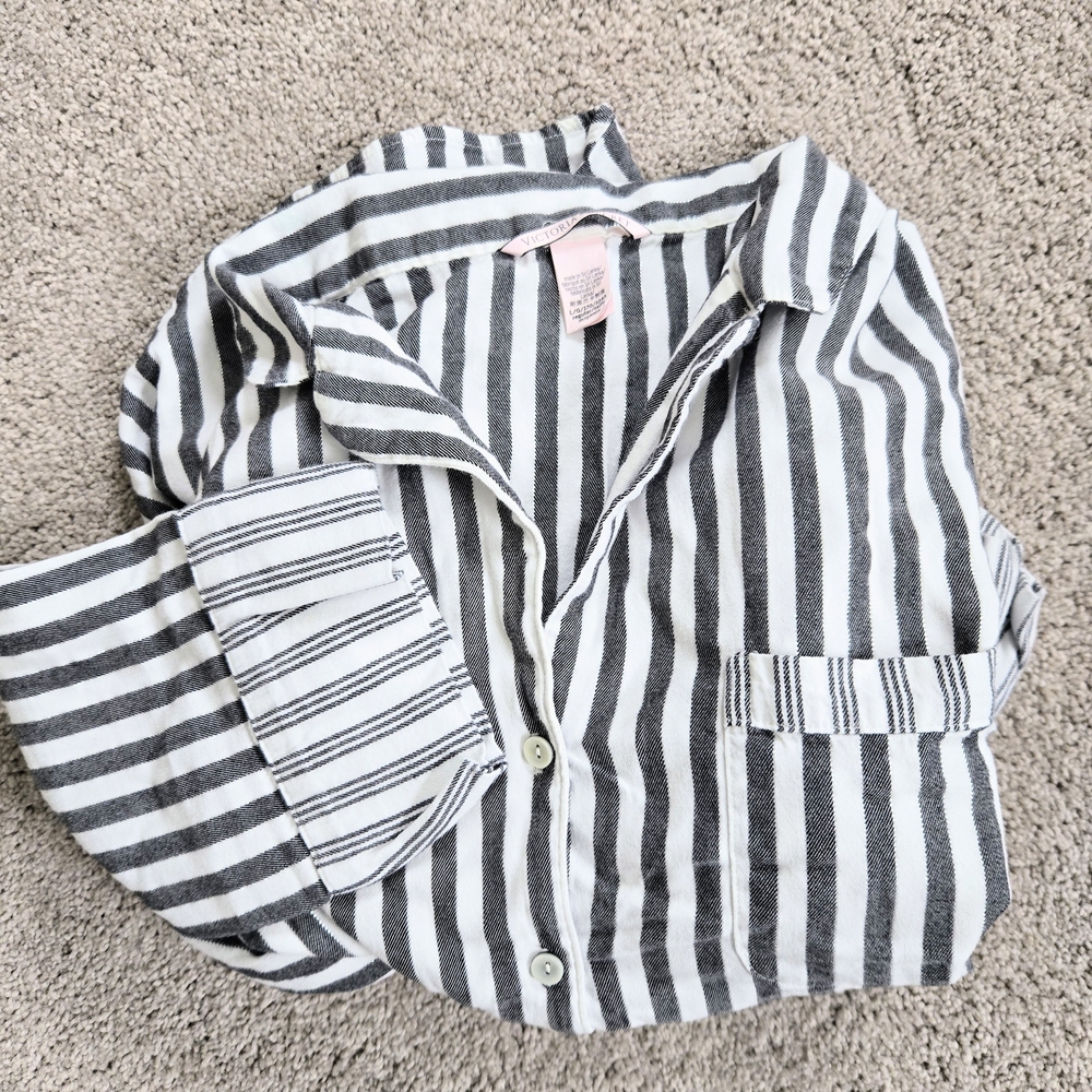 Victorias Secret Stripe Pajama Set Lg Gray White Long Sleeve Pants Cotton Blend